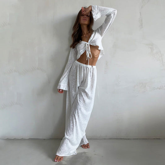Womens Lace-Up Long-Sleeve Top And Pants Pajama Set