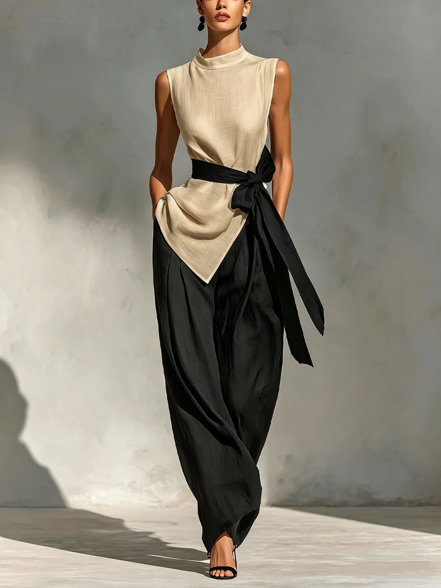 Womens Lace-Up Sleeveless Top And Wide-Leg Pants Two-Piece Set