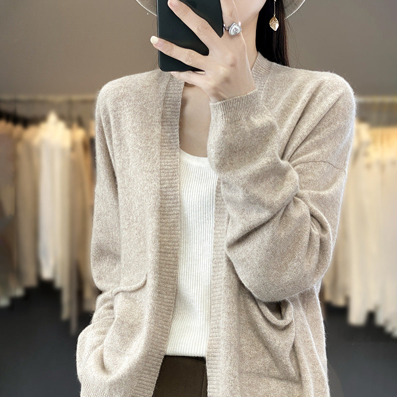 Spring And Autumn New Cardigan Solid Color And V-neck Thin Loose Slimming And All-matching Coat With Pocket