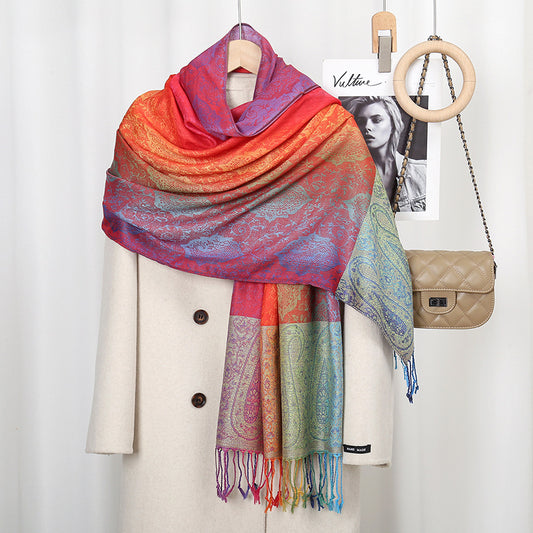 Womens Ethnic-Style Gradient Embroidered Colorful Cashew Tassel Shawl