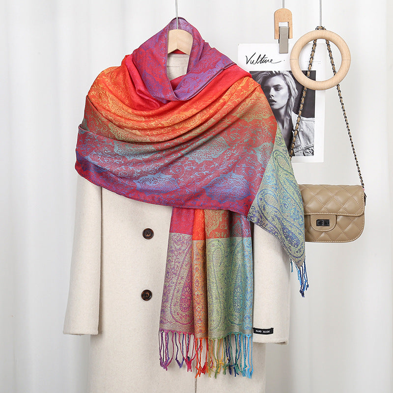 Womens Ethnic-Style Gradient Embroidered Colorful Cashew Tassel Shawl