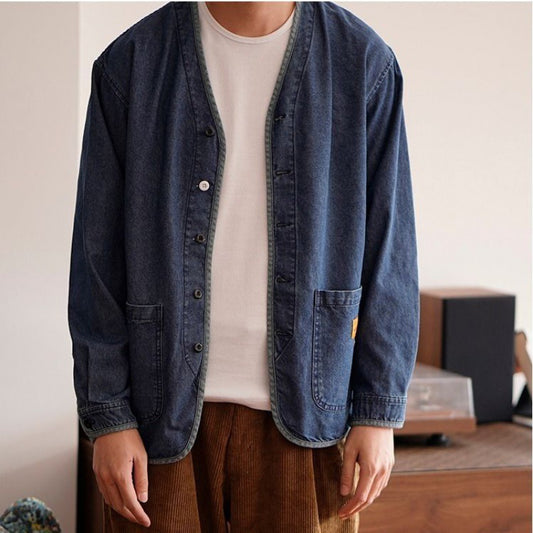 Retro V-neck Denim Men's Fashion Slim Jacket