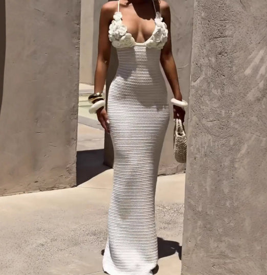 Womens Sexy Camisole 3D Floral Wrap-Style Knitted Dress