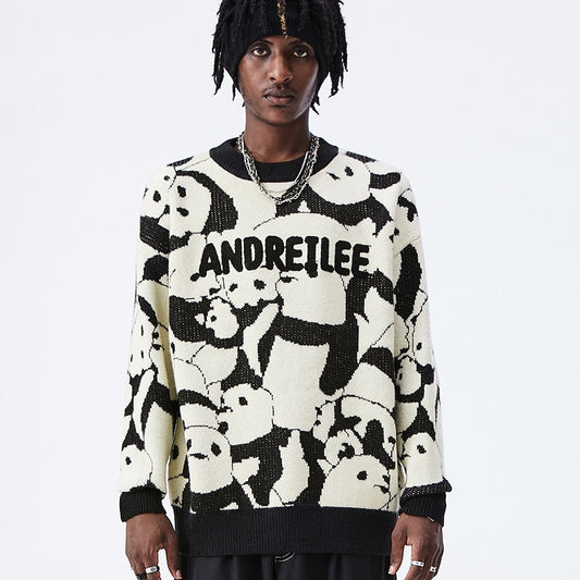 Men's Japanese Vintage Panda Jacquard Crewneck Knit Tide Brand Loose Sweater