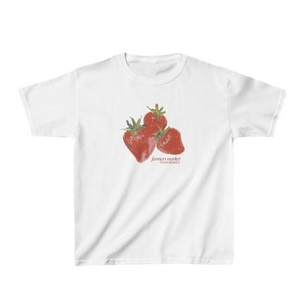 Kortærmet Street Casual T-shirt Top med Jordbærprint og Rund Hals