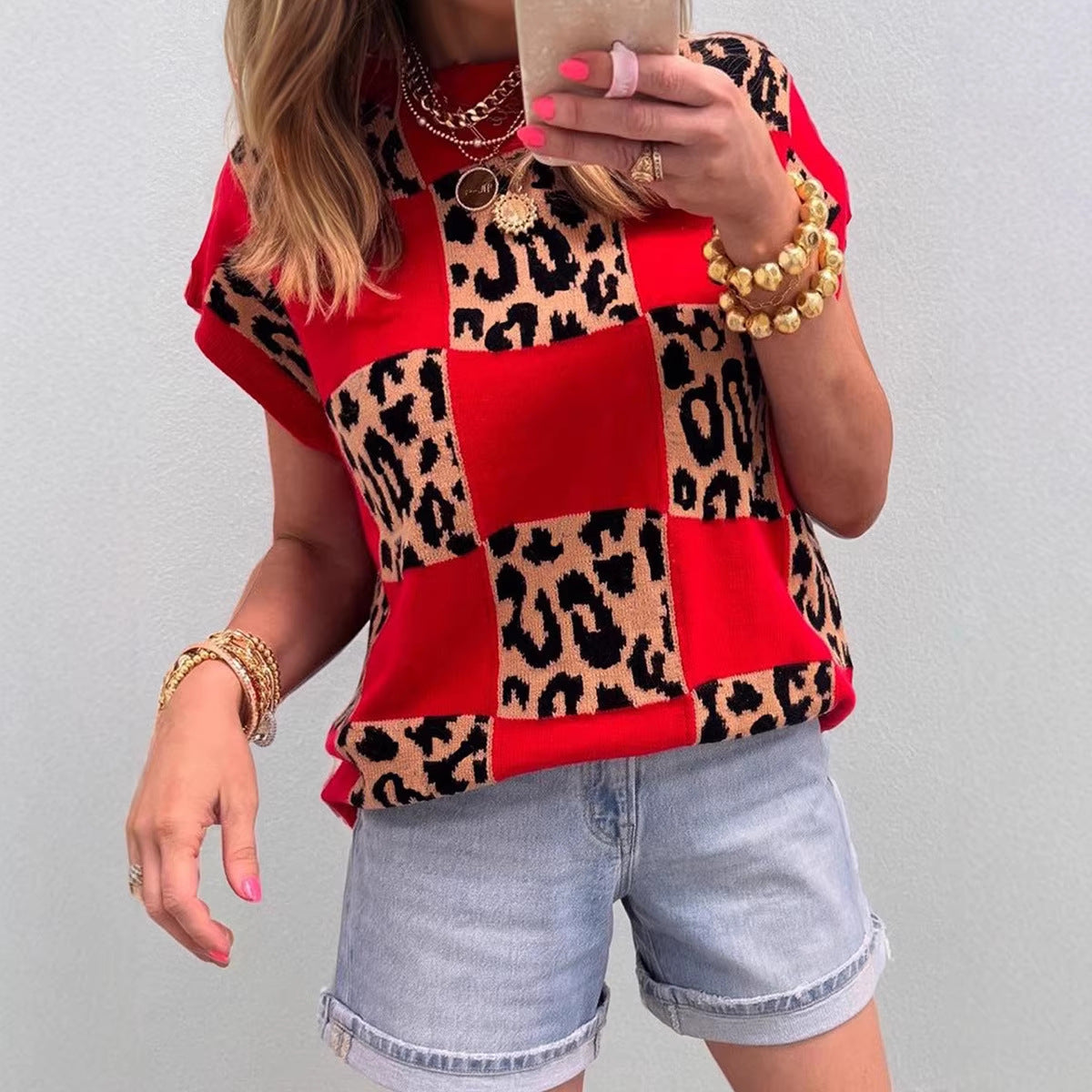 Pullover Knit Top A Bold, Avant-garde Leopard-print Colorblock Sweater