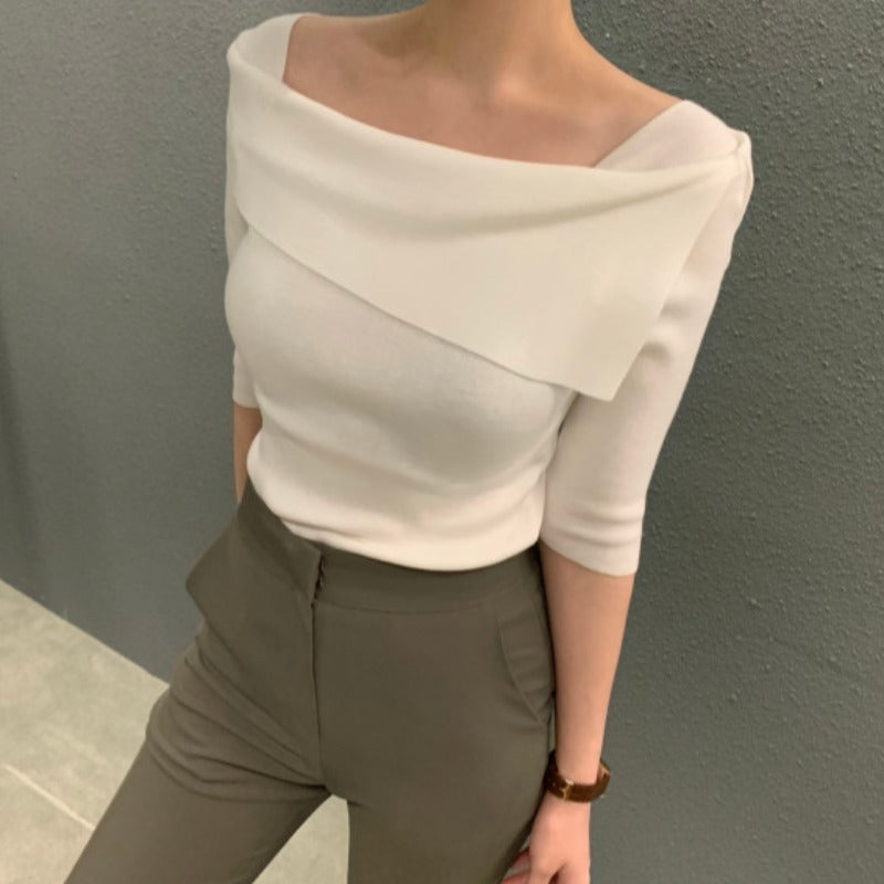 Women's Gentle Temperament Slim Fit One-Line Neck Knit Sweater
