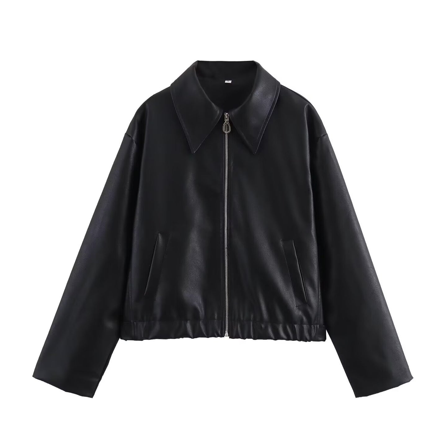 Cappotto in pelle da donna con collo a rever e maniche lunghe