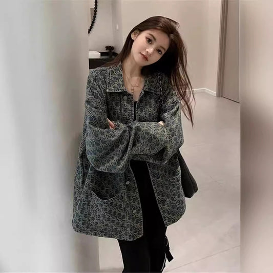 High Street Retro Denim Jacket For Women, Unique Design, Versatile Printed Jacket