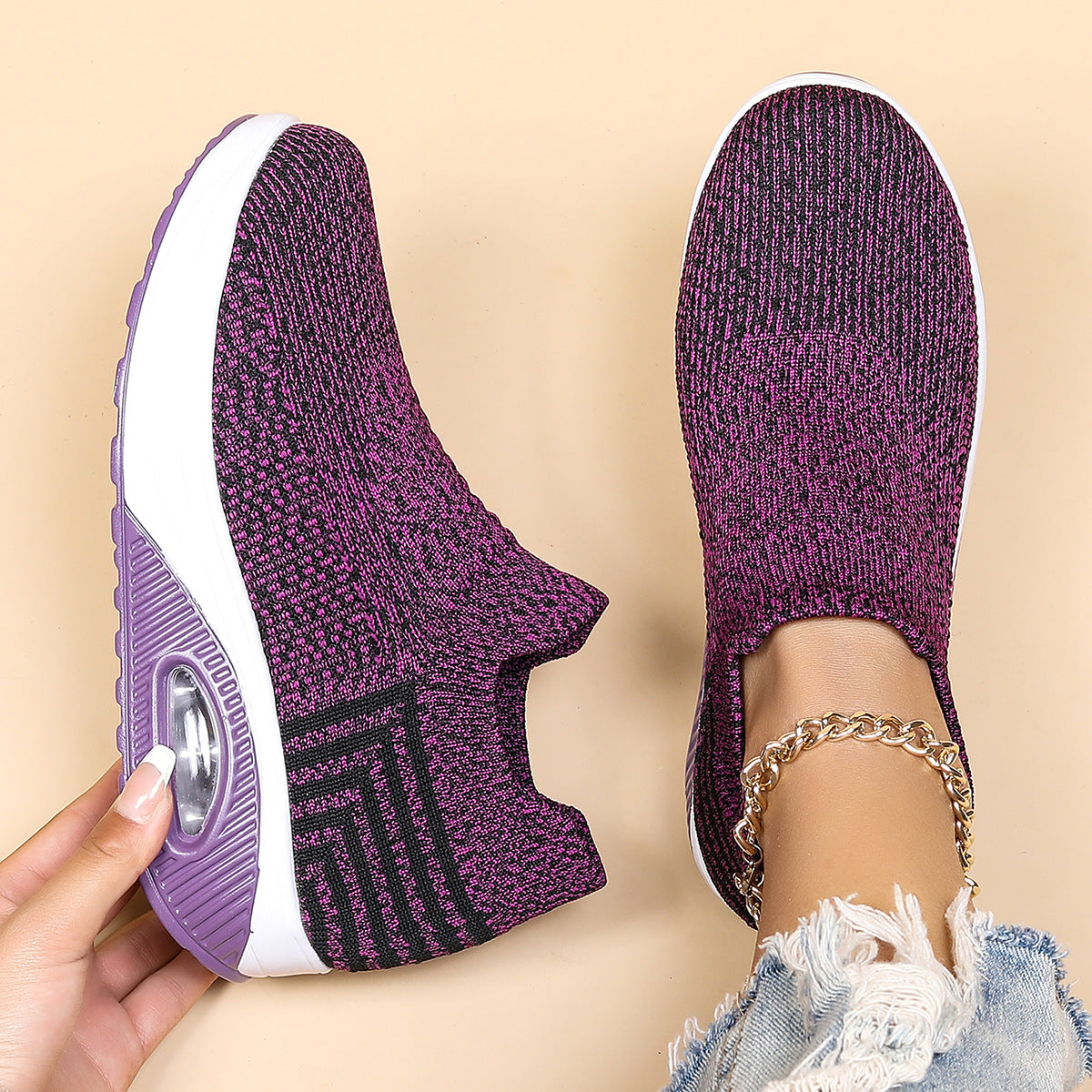 Plus Size Sports Women's Shoes Breathable Fly-knit Socks Shoes Slip-on Lazy Shoes