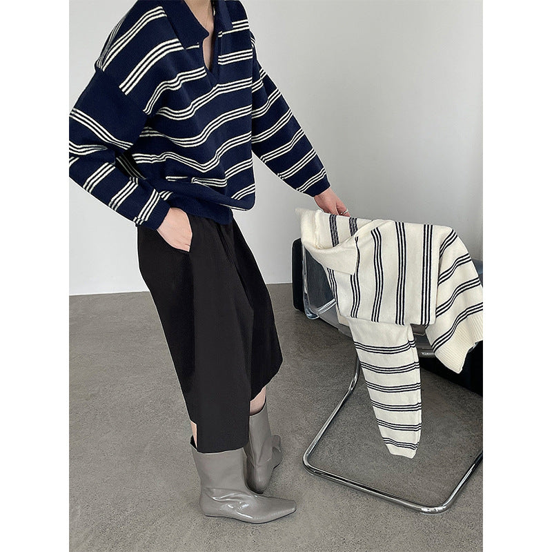 Strikket stribet sweater i koreansk idle-stil med polokrave