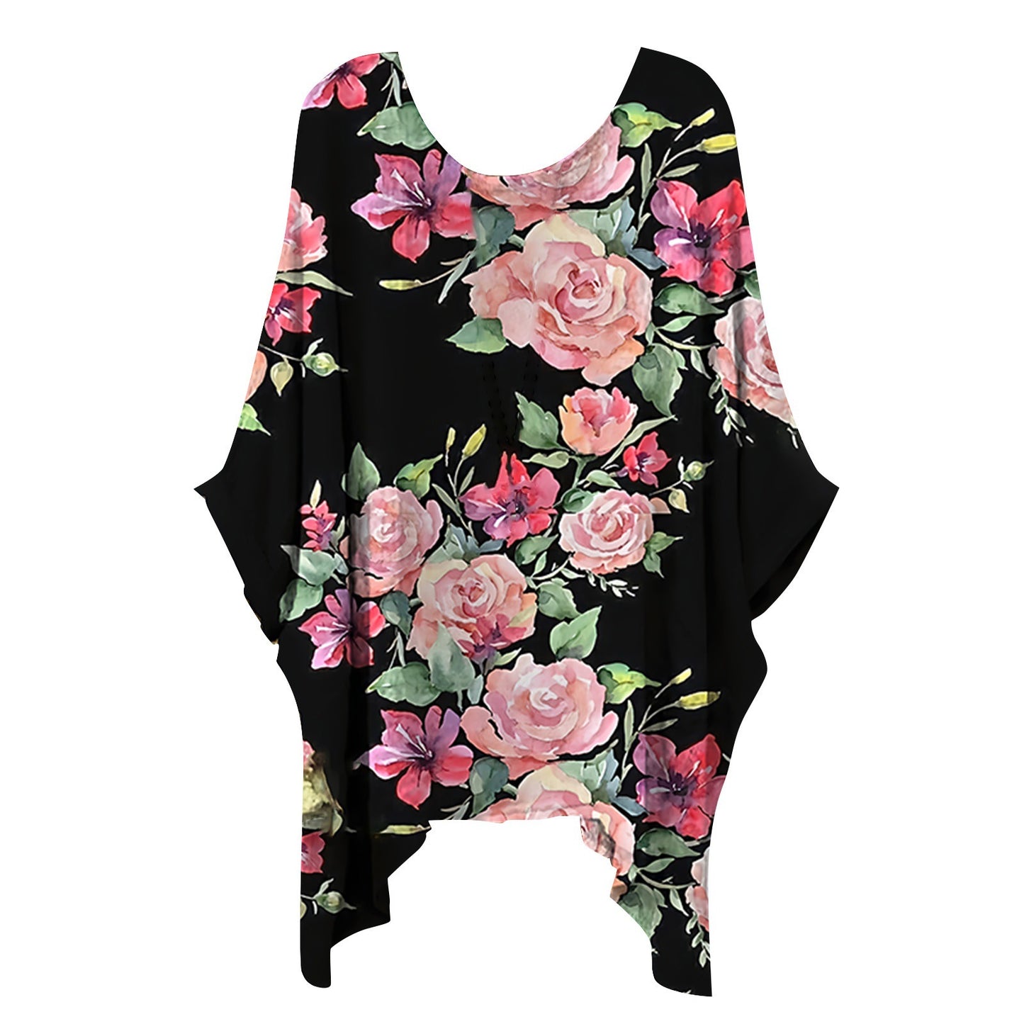 Ethnic-style Printed Loose-fitting Irregular Plus-size Batwing Top
