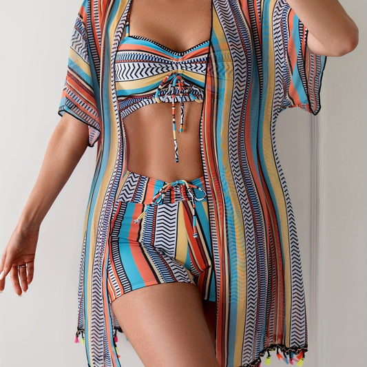 Womens Three-piece Striped Bikini Swimsuit Set