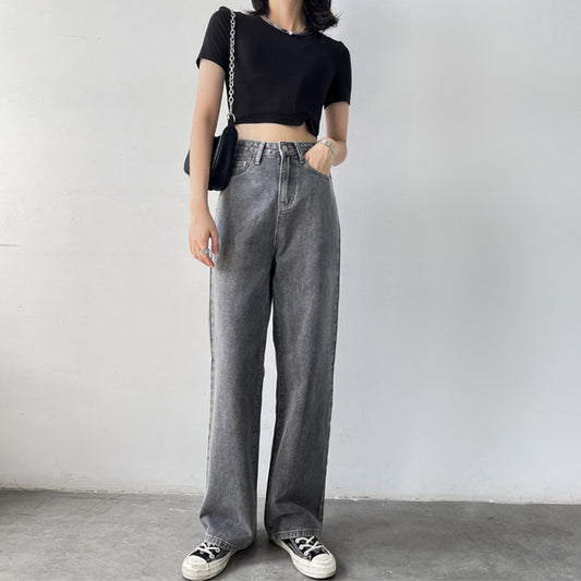 Vintage grå højtaljede jeans med lige ben og afslappet pasform