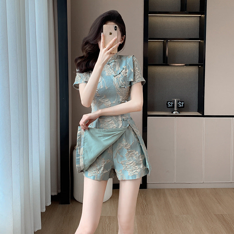 Jacquard Fabric Chinese-style Elegant Cheongsam Fashion Set