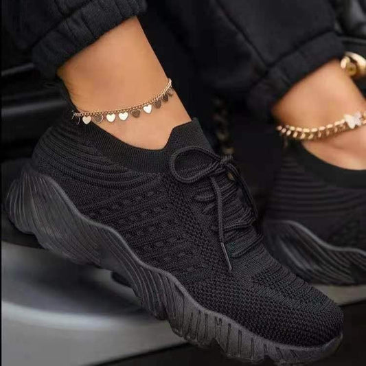 Sporty Women Platform Solid Color Lace-Up Lightweight Fly Woven Casual Shoes