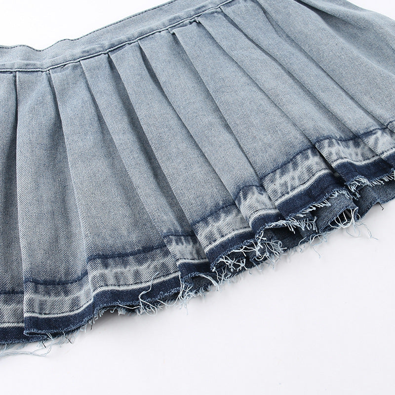 Casual High Waist Pleated Denim Skirt For Women