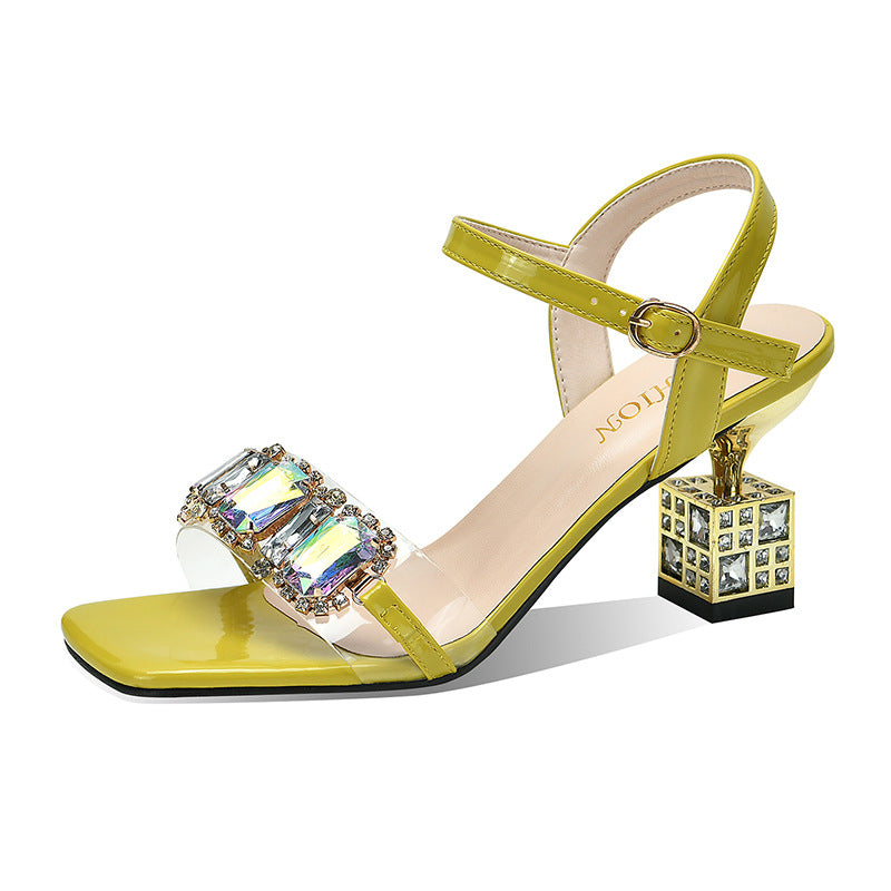 European And American Square Toe High Heel Sandals Women's Fashion Rhinestones
