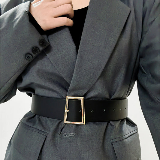 New Women's Black Belt Simple Metal Needle Buckle Senior All-in-one Coat Shirt Coat Wide Belt
