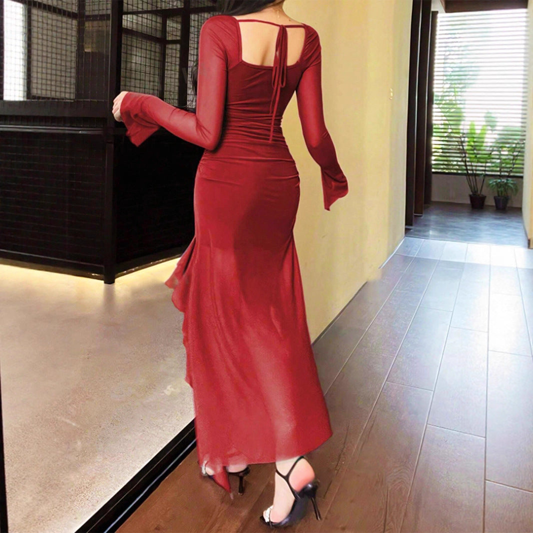 Womens Long-sleeve Mesh Dress With A Figure-hugging Fit And An Asymmetrical Slit