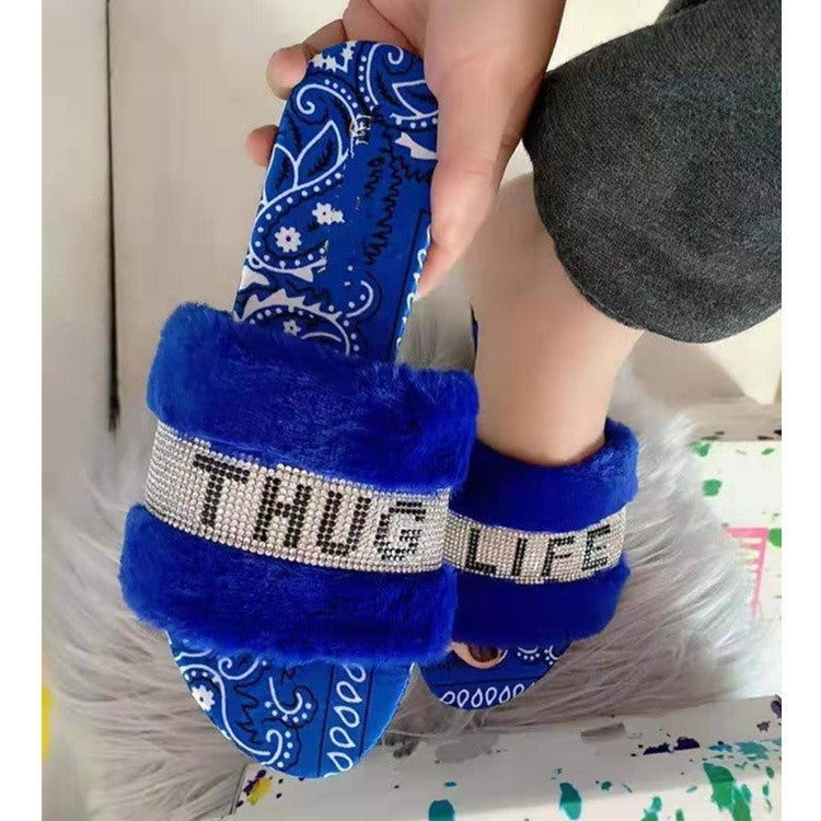European And American Style Rhinestone One-line Solid Color Fur Slippers