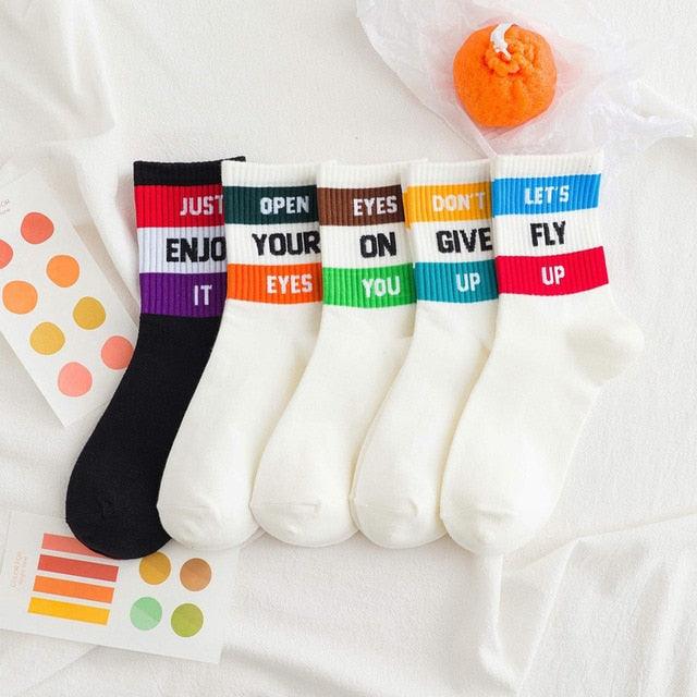 Spring And Autumn Ladies New Mid-calf English Letters Wide Stripe Combination Ins Trend Athletic Socks Combed Cotton Women's Socks Manufacturer