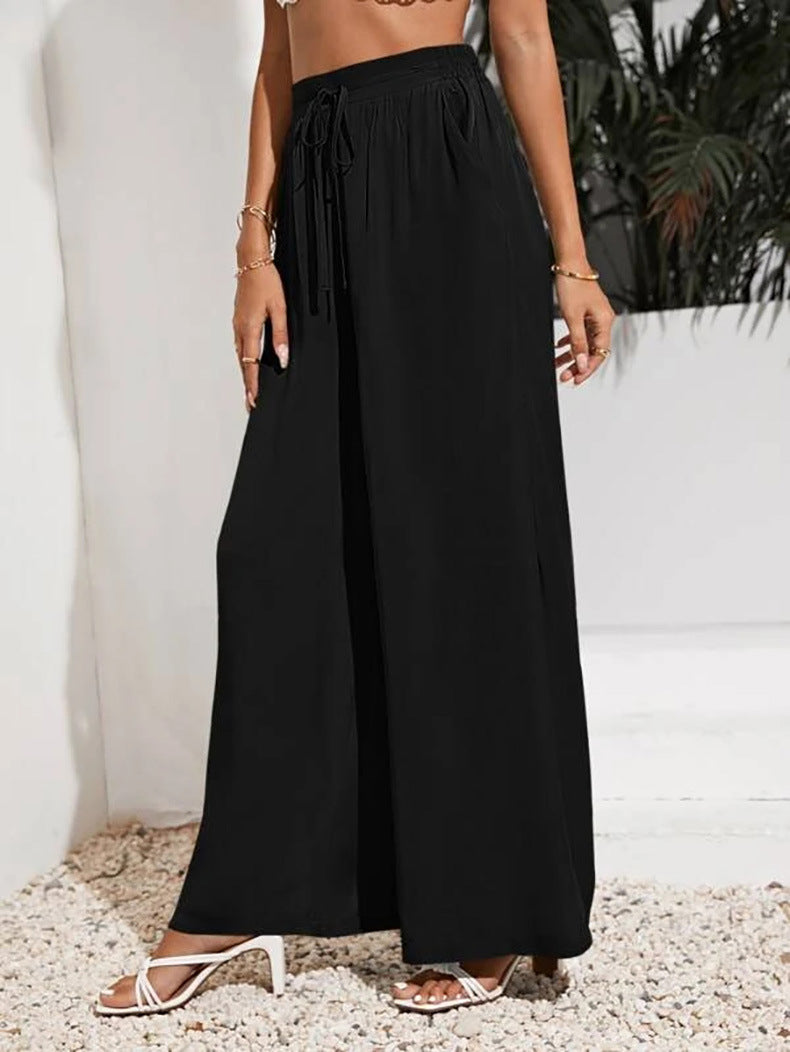 European And American Summer Pure Color Elastic Waist Lace-up Loose Wide-leg Pants