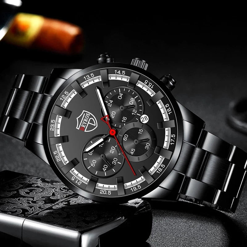 Luxury Men's Stainless Steel Quartz Wristwatch with Calendar and Luminous Hands