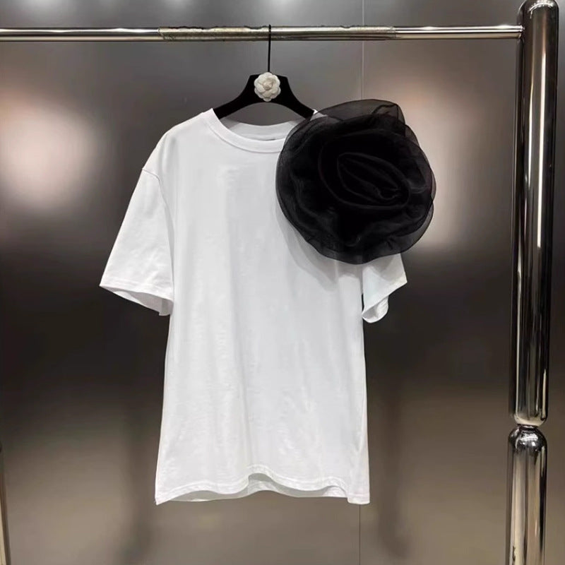 Round Neck Short Sleeve Three-dimensional Large Flower Decorative Pin Loose Designer Model T-shirt