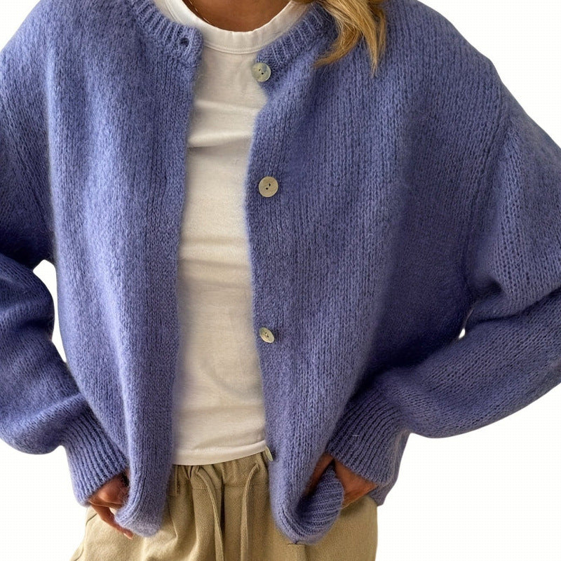 Women's Soft Light Purple Long Sleeve Hip Knitted Cardigan