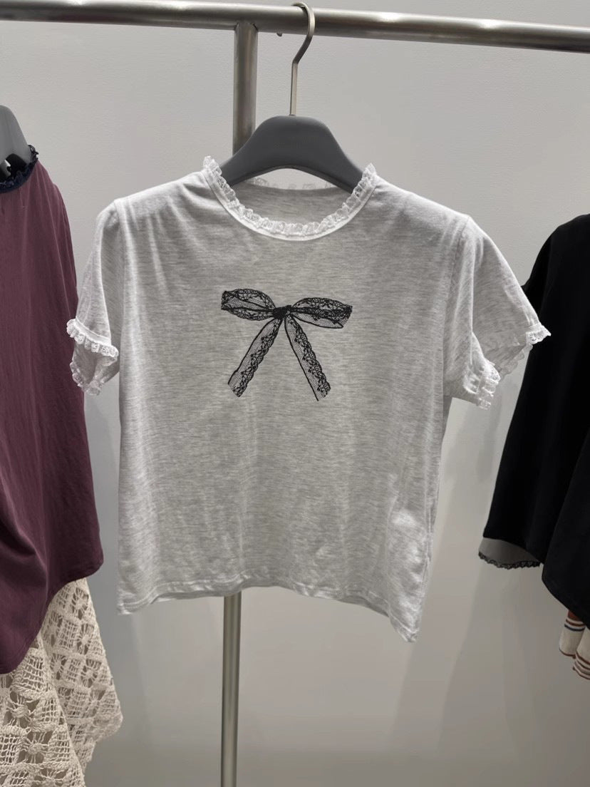 Lace Stitching Bow Printed Round Neck Short Sleeve