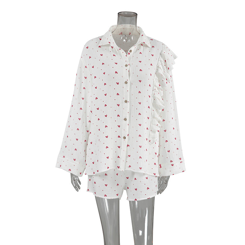 Ladies Ruffled-edge Long-sleeve Shorts Loungewear
