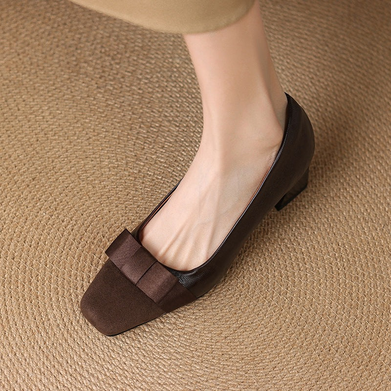 Retro Square Head Stitching Chunky Heel Pumps Women's Spring And Autumn New Bow Low-cut High Heels