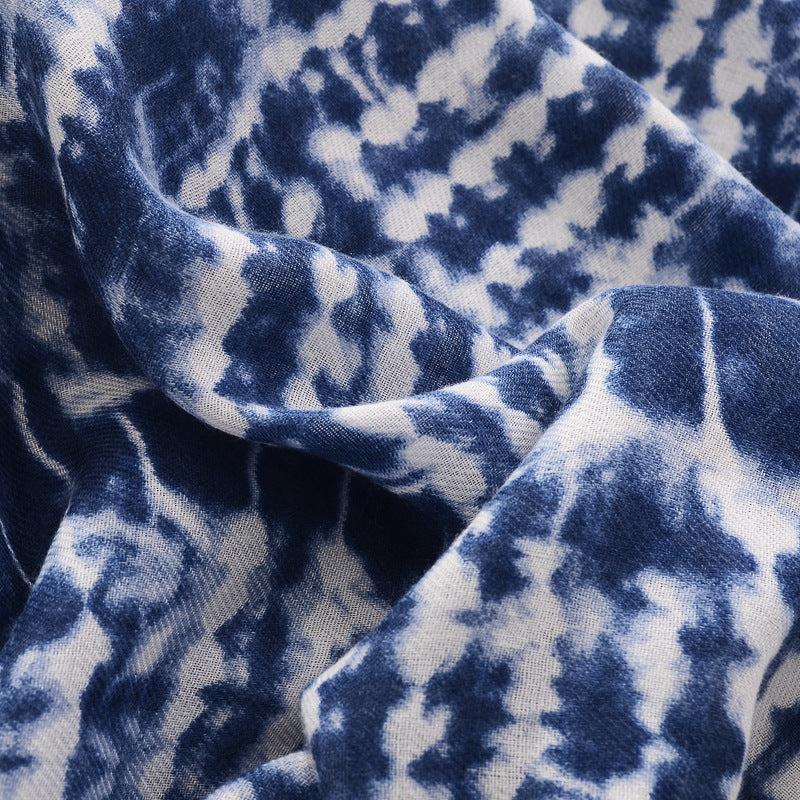 Blue And White Tie-dyed Cotton And Linen Feel Scarf Retro Artistic Travel Sun Protection Shawl