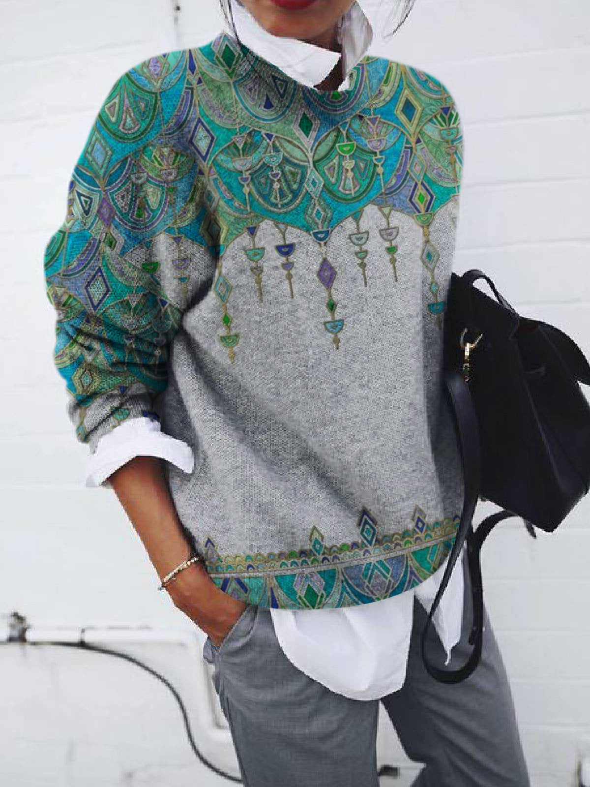 Dame sweatshirt med børstet geometrisk print, løst snit og lange ærmer