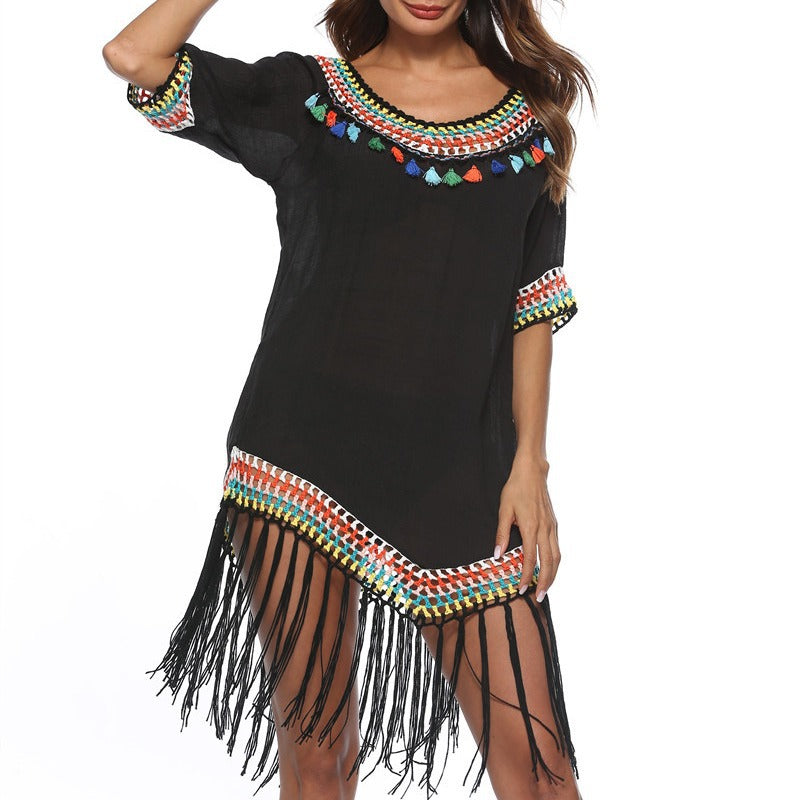 Hollow-out Rainbow Tassel V-Neck Hand Hook Beach Blouse