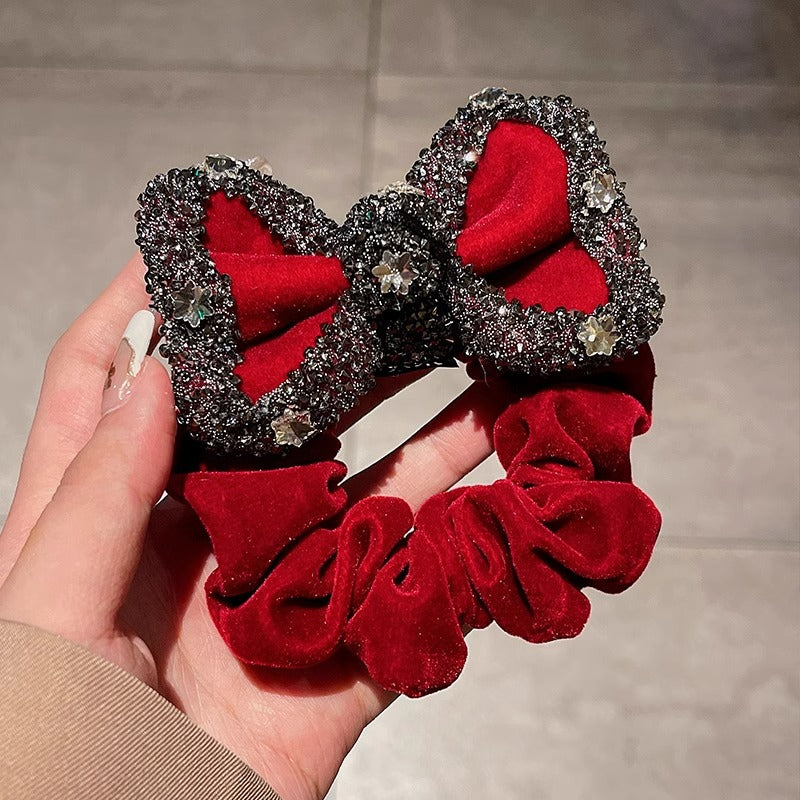 Red Velvet Rhinestone Scrunchie With A Rope Style Bowwomens Hair Accessory