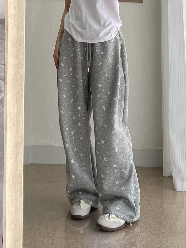 Vintage Bow Polka Dot Track Sweatpants Women's Straight Wide Leg Casual Pants