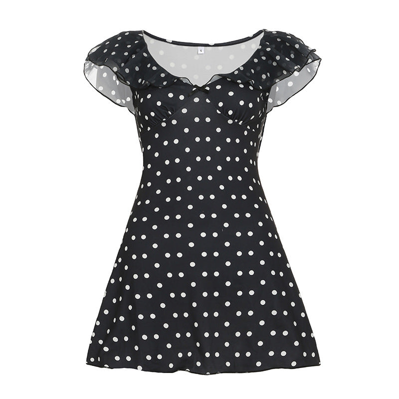 French-style Sexy Off-shoulder Polka-dot Contrast-color Waist-cinched Dress For Women
