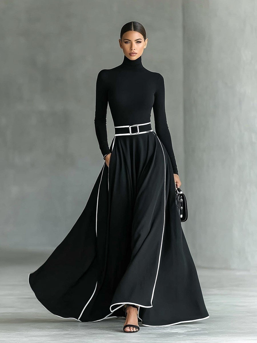 Womens High-neck Long-sleeve Form-fitting Dress With A Waist Belt