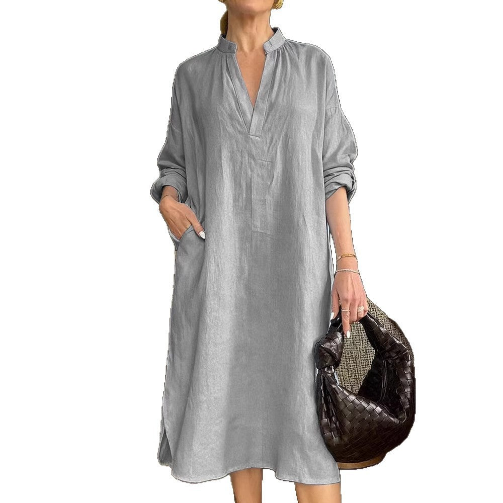 Womens Retro Cotton-Linen Long-Sleeve V-Neck Pocket Dress