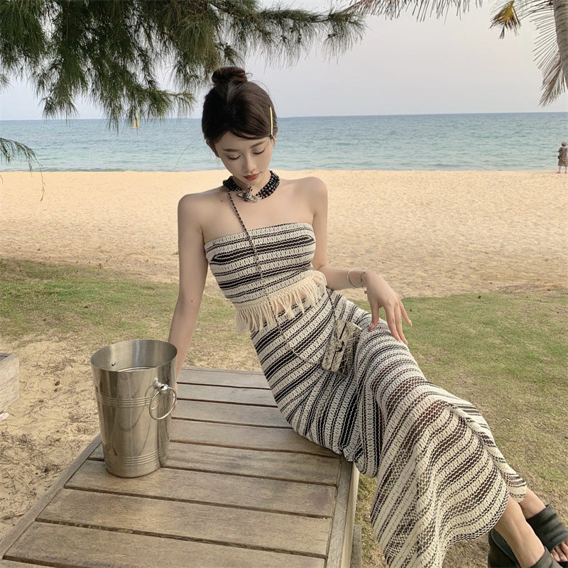 Womens Elegant Fringe-Trimmed Tube Top And Skirt Set