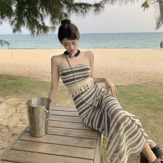 Womens Elegant Fringe-Trimmed Tube Top And Skirt Set