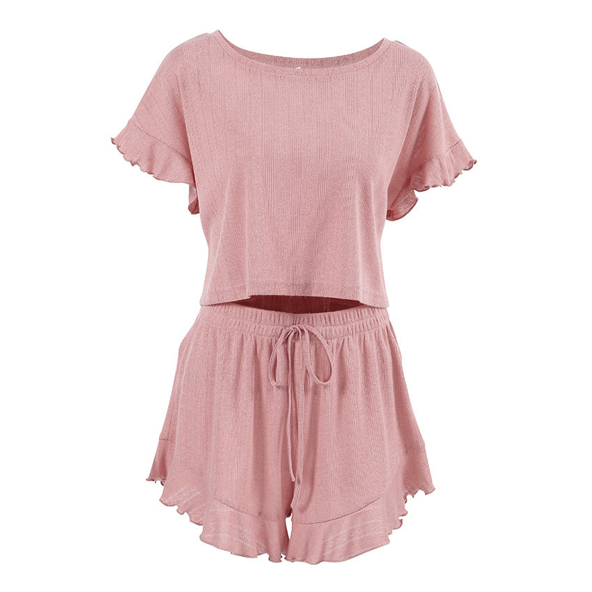 Round-neck Short-sleeve Shorts Home Ruffled Loose Pajama Set
