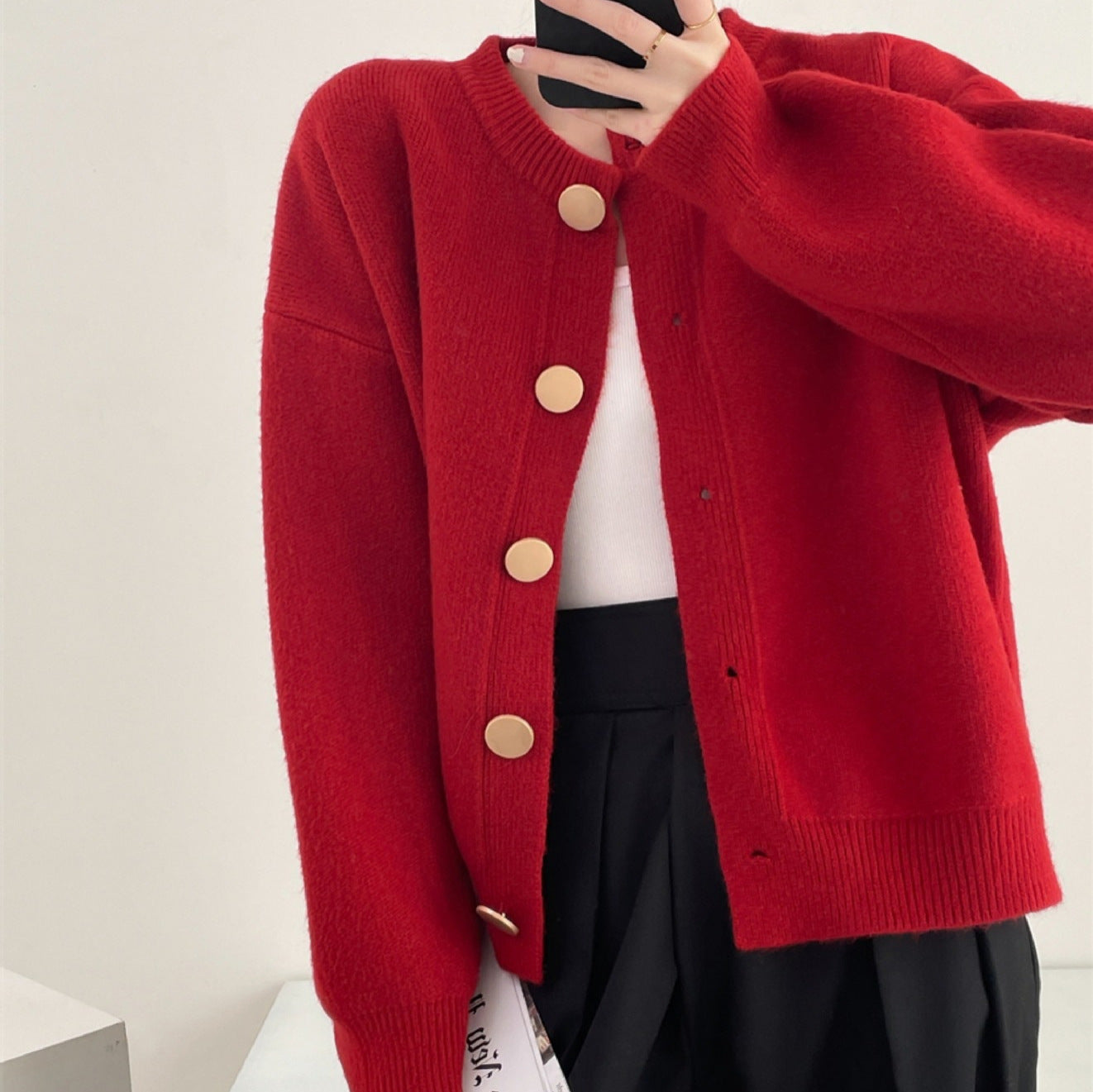 Round Neck Solid Color Loose Knitted Cardigan Women's Autumn And Winter