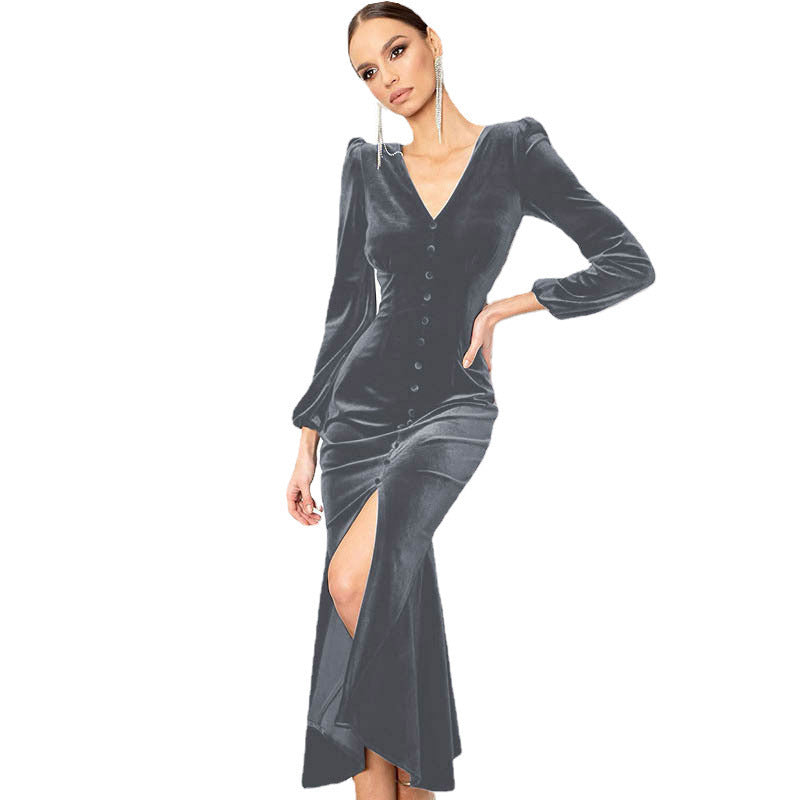 Knitted V-neck Padded-shoulder Long-sleeve Dress