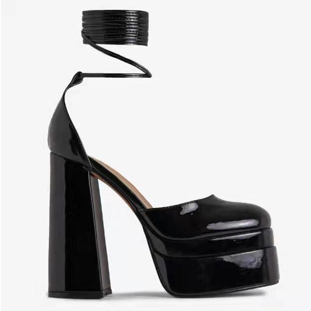 Women's Round Toe Faux Leather Rubber Buckle Solid Color Thick Heel High Heel Fashion Sandals