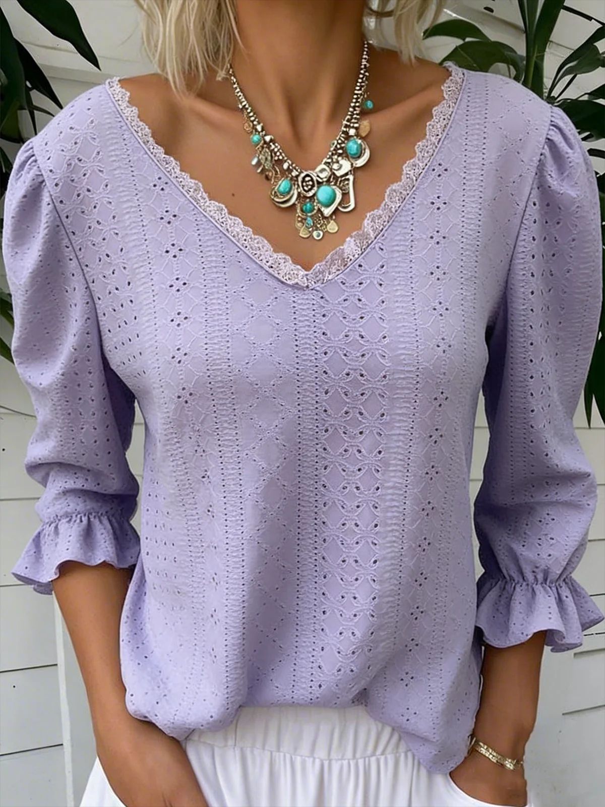 Spring Women's V Neck Hollowed Out Mid Sleeve Top For Women