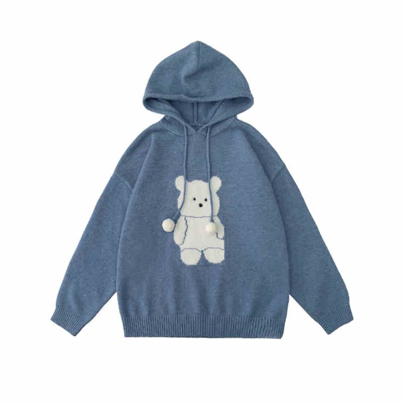 Bear Loose Hooded Warm Sweater Women's Knitted Blouse