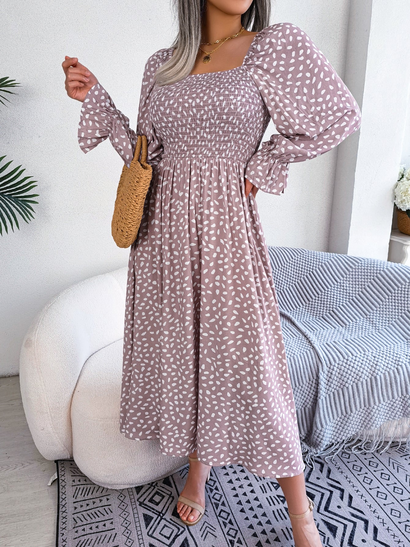 Women Square Neck Long Sleeve Vacation Rayon Pleated Maxi Dress